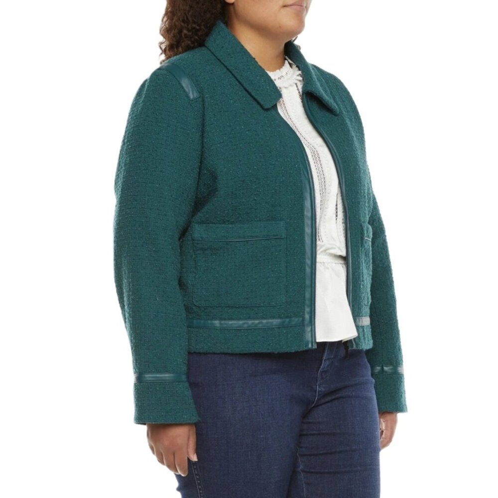 Women's Woven Boucle Jacket with Faux Leather Trim Pockets. Plus Size 3